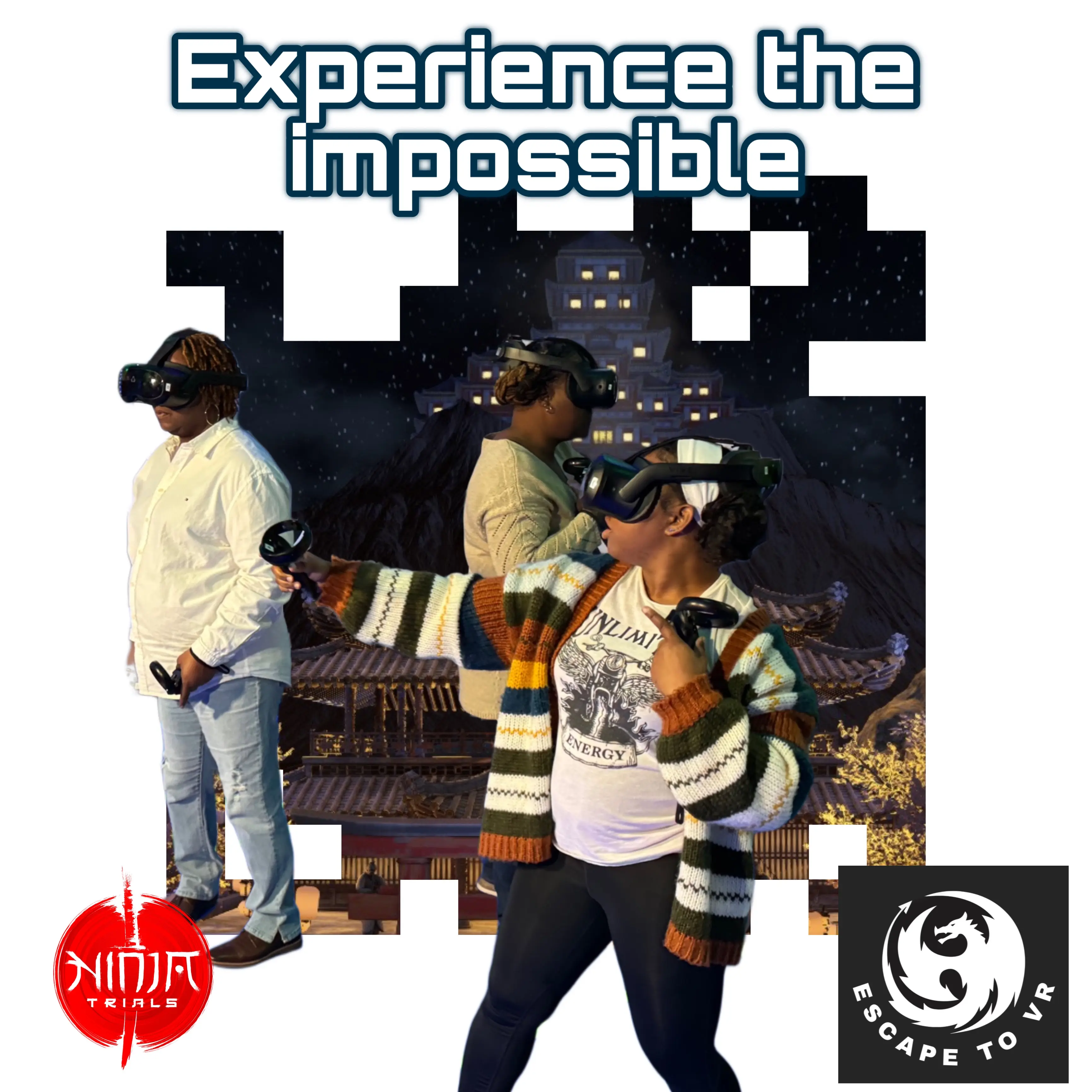 Group celebrating a birthday party with VR headsets at Escape To VR