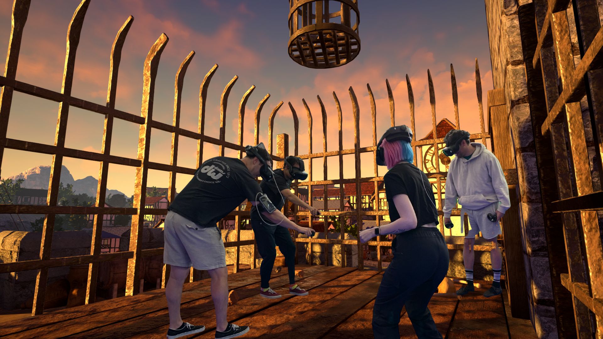 Group of friends walking freely in free-roam VR arena at Escape To VR Carlsbad